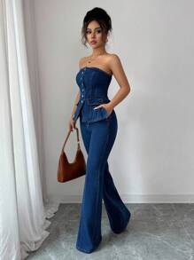 Selianne Summer Fashion Front Button Denim Jumpsuit - Dark Wash - View 4