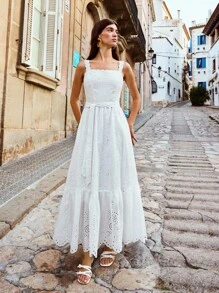 Maija 女式简约纯色束腰荷叶边肩带可调节腰部休闲假日迷你连衣裙女式端庄连衣裙女式端庄连衣裙女式毕业礼服夏季度假连衣裙夏季度假连衣裙 Fairycore 全白全白派对装女式婚礼宾客礼服优雅波西米亚风女装波西米亚风女装婚礼宾客礼服女式婚礼宾客礼服婚礼宾客礼服 - 白色 - 查看 11