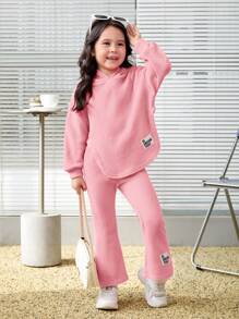 SHEIN Bộ 2 áo hoodie và quần nỉ có viền bất đối xứng cho bé gái - Xám - Xem 2