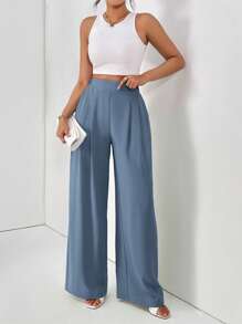 SHEIN Essnce Women's Casual Versatile Solid Color Wide Leg All-Match Pants - Dusty Blue - View 3