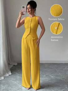 Elenzga 女士时尚纯色纹理优雅办公室服装，包括纽扣式无袖修身背心和高腰宽松阔腿裤