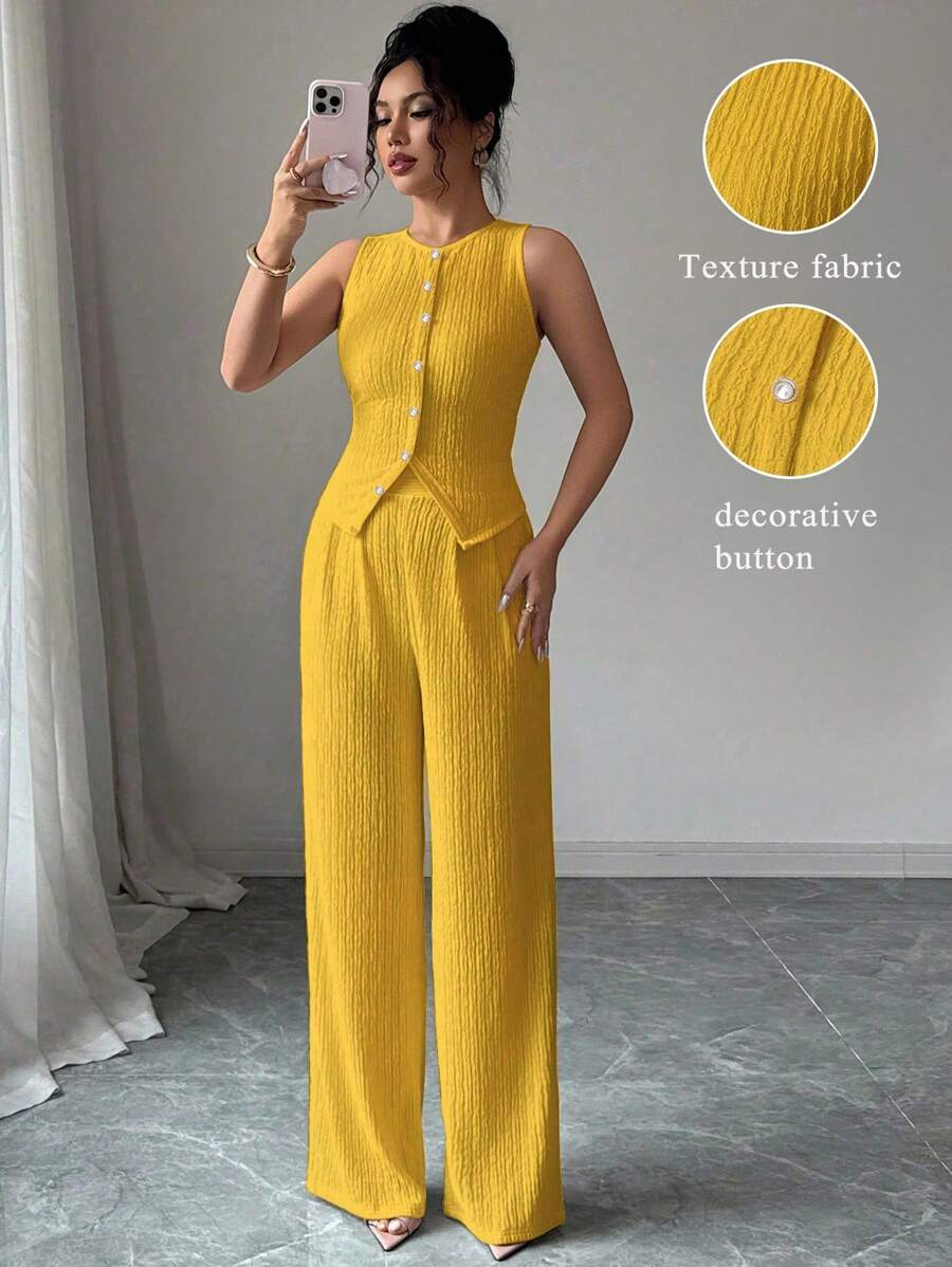 Elenzga 女士时尚纯色纹理优雅办公室服装，包括纽扣式无袖修身背心和高腰宽松阔腿裤