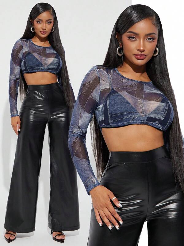 SHEIN SXY Denim Print Crop Sheer Mesh Bluse, Mesh Crop Top, Durchsichtiges Crop Top, Denim Print Mesh Top, Sheer Crop Top, Mesh Langarm Crop Top