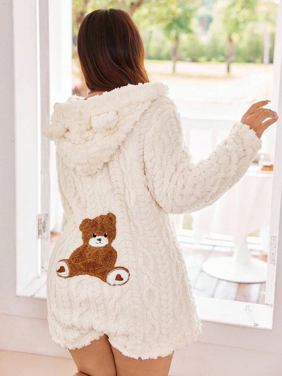Dream Adore Macacão Peludo com Capuz Bordado em Formato de Urso, Pijama Fofo de Pelúcia Plus Size, Urso de Pelúcia Fofo, Roupa de Dormir Confortável, Outono e Inverno