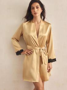 SHEIN Women's Elegant Contrast Color Lace Patchwork Satin Robe - Yellow - View 4