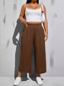 SHEIN Essnce Plus Size Spring And Summer Fashion Casual Loose Comfortable Basic Daily Versatile Elastic Waist Cropped Pants, Simple Style, Work Pants - Brown - View 4