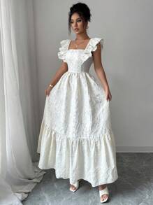 Selianne 女士优雅提花荷叶边下摆连衣裙，夏季 - 杏色 - 查看 6