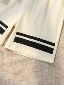 Explorewe 2pcs Young Boys Casual Fashion Colorblock Triangle Letter Print Black Striped Crew Neck T-Shirt And Elastic Waist Shorts Set, Loose Fit, Summer - Multicolor - View 4