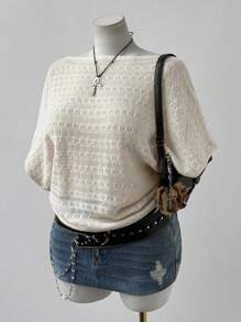 Flirla 大码女装时尚优雅波西米亚风镂空短袖宽松针织上衣，适合度假，适合春夏秋季 - 杏色 - 查看 5
