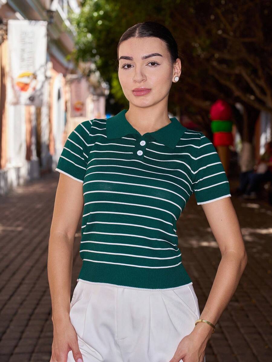 Andrea Bello Striped Pattern Polo Neck Knit Top - Green - View 1