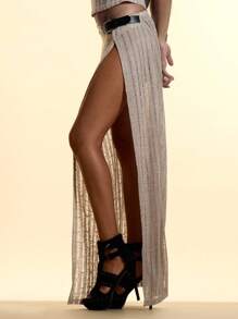 MUSERA Low Rise Textured Knit Belted Straight Fit Maxi Skirt Only Summer Ibiza Boho Vacation Holiday Festival Sexy Club Rave Aftershow Beach Y2k - Khaki - View 3