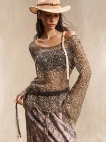 Easelle Damen sexy Flügelärmelige Pailletten durchscheinende lose T-Shirt, Gürtel nicht enthalten - Braun - Übersicht 6