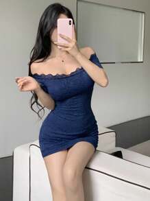 Celisse 蕾丝露肩性感优雅女式迷你连衣裙 - 藏蓝色 - 查看 5