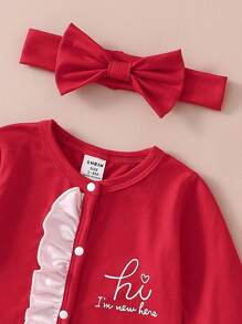 3pcs/Set Baby Girls' Fuchsia Floral Ruffle Sleeve Jumpsuit With Headband & Hat, Homewear Outfit Fall Winter