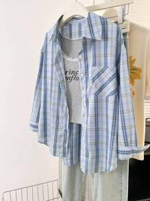 Women's Plaid Drop Shoulder Long Sleeve Single-Breasted Pocket Casual Shirt Fall Cloth For Women - Multicolor - View 3