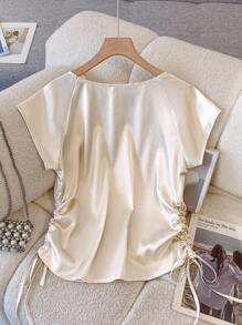 Franclia 女式优雅圆领插肩短袖弹力缎面抽绳下摆衬衫，春夏 - 杏色 - 查看 2