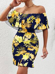 Selianne Đầm bodycon trễ vai bèo nhún in họa tiết nhiệt đới cho trang phục đi biển dành cho nữ - Màu xanh hải quân - Xem 4