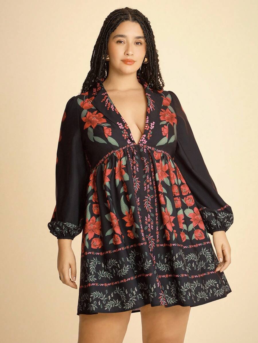 CAJUNI 大码女式休闲度假黑色热带印花短款连衣裙 - 波西米亚风女装/女式西式服装/图案/休闲女装