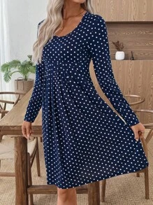 SHEIN LUNE Women's Navy Blue Polka Dot Short Dress,Elegant Autumn Casual Everyday Work Dresses For Women,Office Outfits,Birthday Modest Autumn Winter Clothes - Navy Blue - View 5