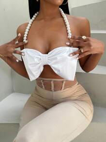 BamGleam Của phụ nữ Quá quắt Nơ & Trân châu Dây đeo vai Áo hai dây - trắng - Xem 1