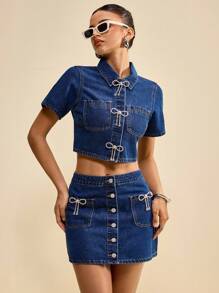 Muvela Women's Blue Denim Jacket, Elegant Bow-Knot Diamond-Decorated Short-Sleeved Shirt, Cotton-Containing French Top Date Night Outfits Women - Medium Wash - View 6