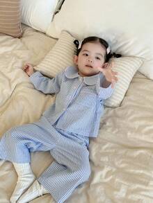 DAZY Baby Girls' Striped Korean Style Peter Pan Collar Long Sleeve Casual Pajamas - Blue - View 2