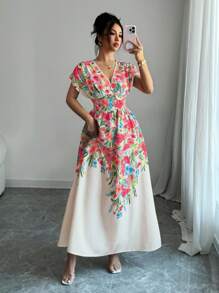 Rafferiza 优雅女士长款印花交叉前襟束腰无袖连衣裙，春夏