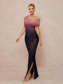 Lumalex Váy xòe vai lệch vai cho nữ có chi tiết trang trí bằng kim loại - Bụi hồng - Xem 4