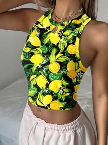 SHEIN EZwear 休闲柠檬印花图案圆领紧身女式背心，适合夏季
