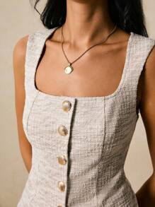 Poéselle Damen Top, gestrickter Tweed mit Metallknopfleiste, Rückentaille-Bindung, asymmetrischer Saum, Damen Top, Damen Top mit quadratischem Ausschnitt, einreihig, modische Rückentaille-Bindung, Trägerhemd, Herbst Tops, Herbstkleidung für Damen, Winterkleidung für Damen, Herbst Outfits, Ausgeh-Tops, Y2K, Business Lässig Frau