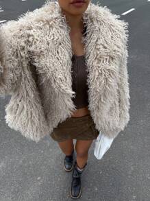 SHEIN EZwear Damen Jacke aus Wollmischung mit Kunstfell-Kragen für Herbst/Winter