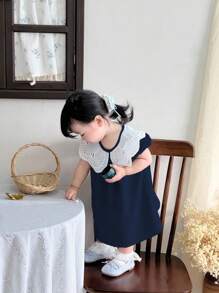 SHEIN 女婴节日装圣诞节休闲装夏季灰蓝色娃娃领连衣裙 - 藏蓝色 - 查看 3