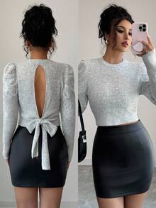 Elenzga Puff Sleeve Knit Soft Short Long Sleeve Knit Blouse For Women Fall Winter Cloth For Women