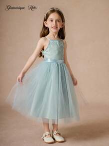 Glamorique Kids 4 件套女童无袖薄纱蓬松公主裙，花童婚礼派对生日伴娘礼服 - 薄荷綠 - 查看 6