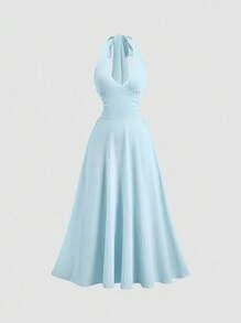 Sweetra Französischer Frühlings-/Sommer-Stil, elegantes hochwertiges Mode-Nischen-Strickkleid mit Neckholder, tailliert und sexy für Frauen, lang