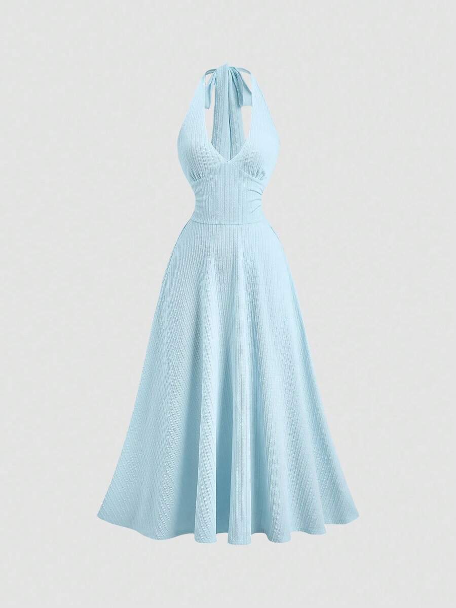 Sweetra Französischer Frühlings-/Sommer-Stil, elegantes hochwertiges Mode-Nischen-Strickkleid mit Neckholder, tailliert und sexy für Frauen, lang