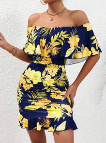 Selianne Đầm bodycon trễ vai bèo nhún in họa tiết nhiệt đới cho trang phục đi biển dành cho nữ - Màu xanh hải quân - Xem 3