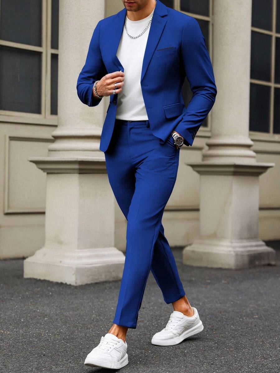 Manfinity Mode Men's Solid Color Blazer And Pants Formal Suit Set Men Suits Slim Fit Men Blazer And Pants Two Pieces Men Set Blue, Old Money Style, Ceremony - Royal Blue - View 1