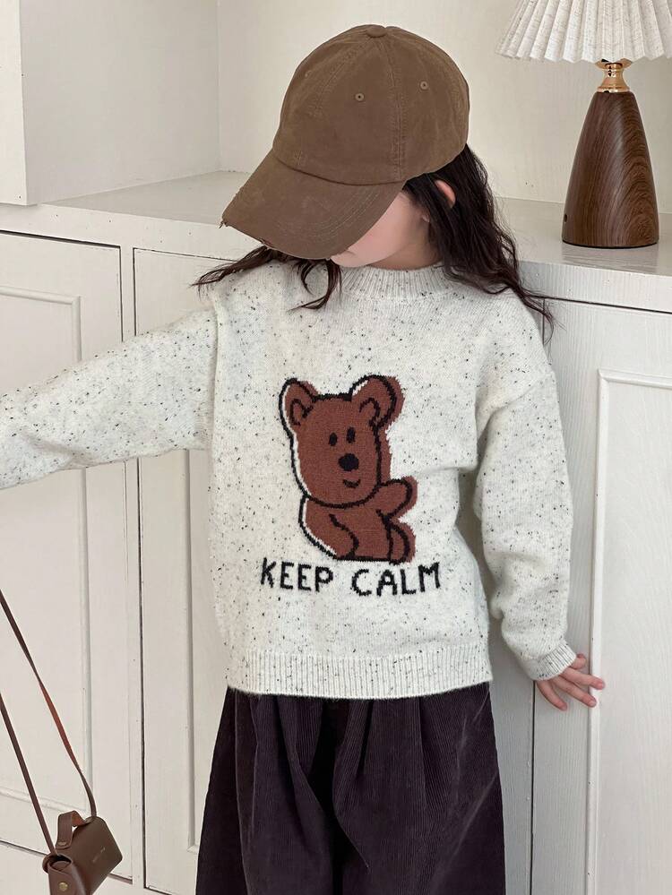Young Girls Cartoon Colorblock Crew Neck Long Sleeve Sweater, Spring/Autumn