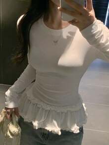 DAZY Women's Korean Style Ruffled Long Sleeve T-Shirt, Spring/Autumn - White - View 6