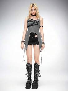 ROMWE Grunge Punk 女式不对称下摆黑色朋克功能性针织上衣 - 灰色 - 查看 11