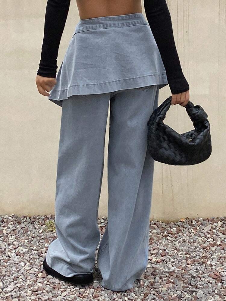 Women's Casual Washed Denim Skirt & Pants 2-Piece Set Fall/Winter