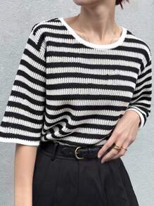 FRIFUL 女士条纹撞色圆领露背交叉带宽松短袖T恤，夏季