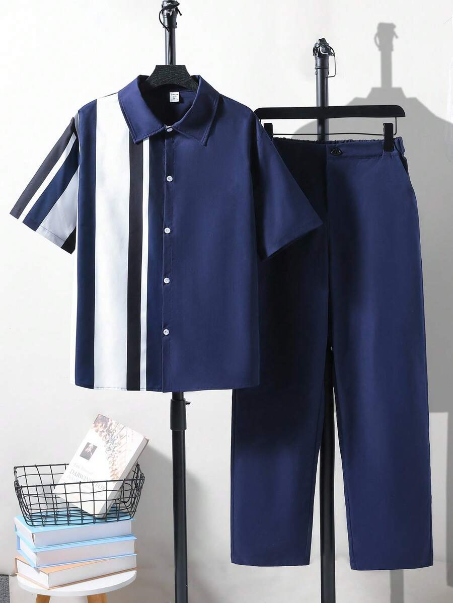 SHEIN 2 件套青少年男孩绅士装，海军蓝百搭时尚修身短袖衬衫 + 长裤，绅士西装套装，商务优雅学院个性化服装，生日派对日常休闲外套，优雅简约的返校季