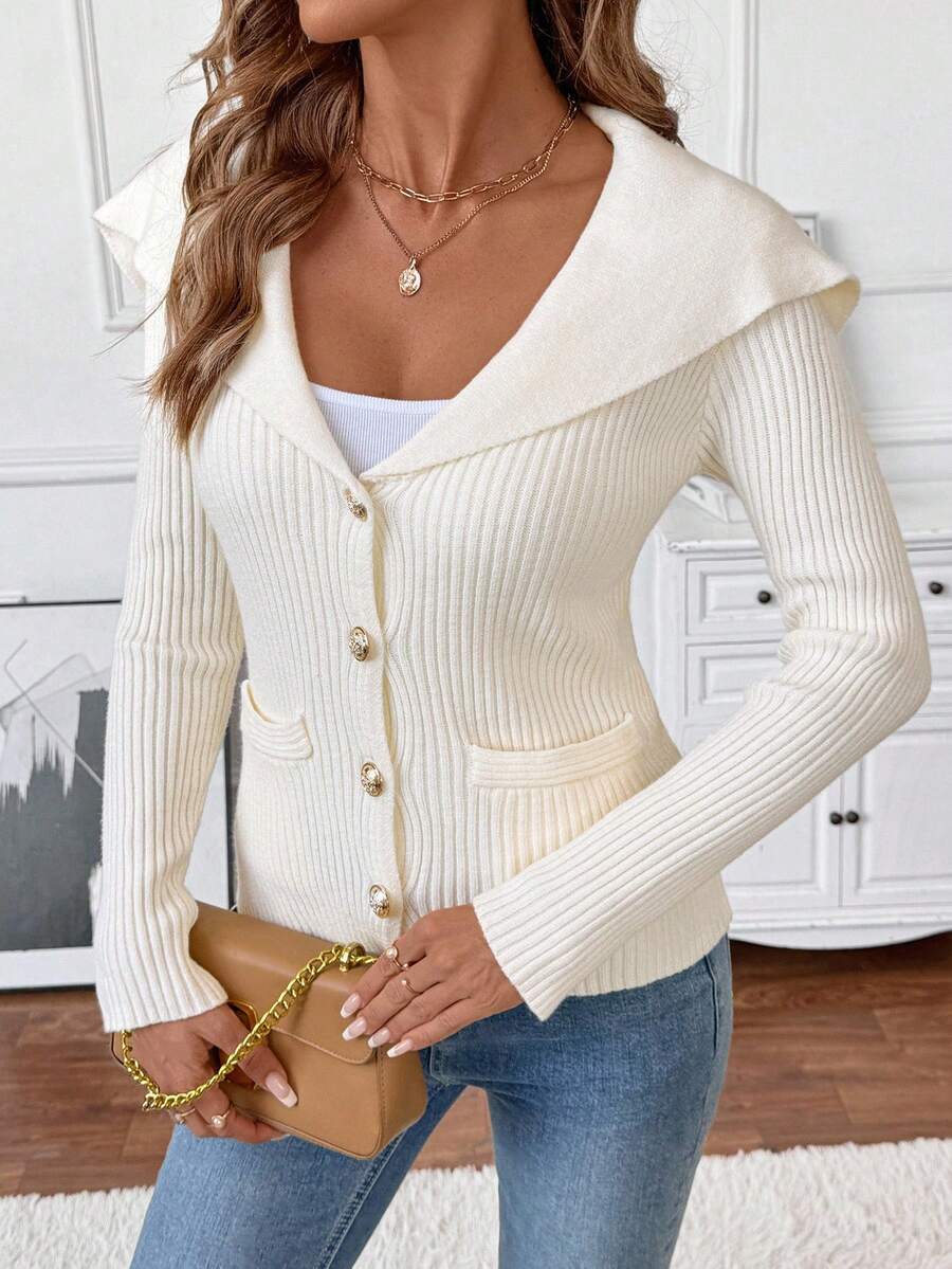 EMERY ROSE Casual Solid Color Knit Cardigan, Autumn/Winter - White - View 1