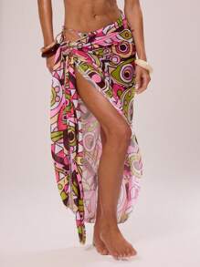 Musera Resort 系带印花超长纱笼春夏季度假海滩泳装优雅可爱性感波西米亚风伊比沙岛 - 彩色 - 查看 3