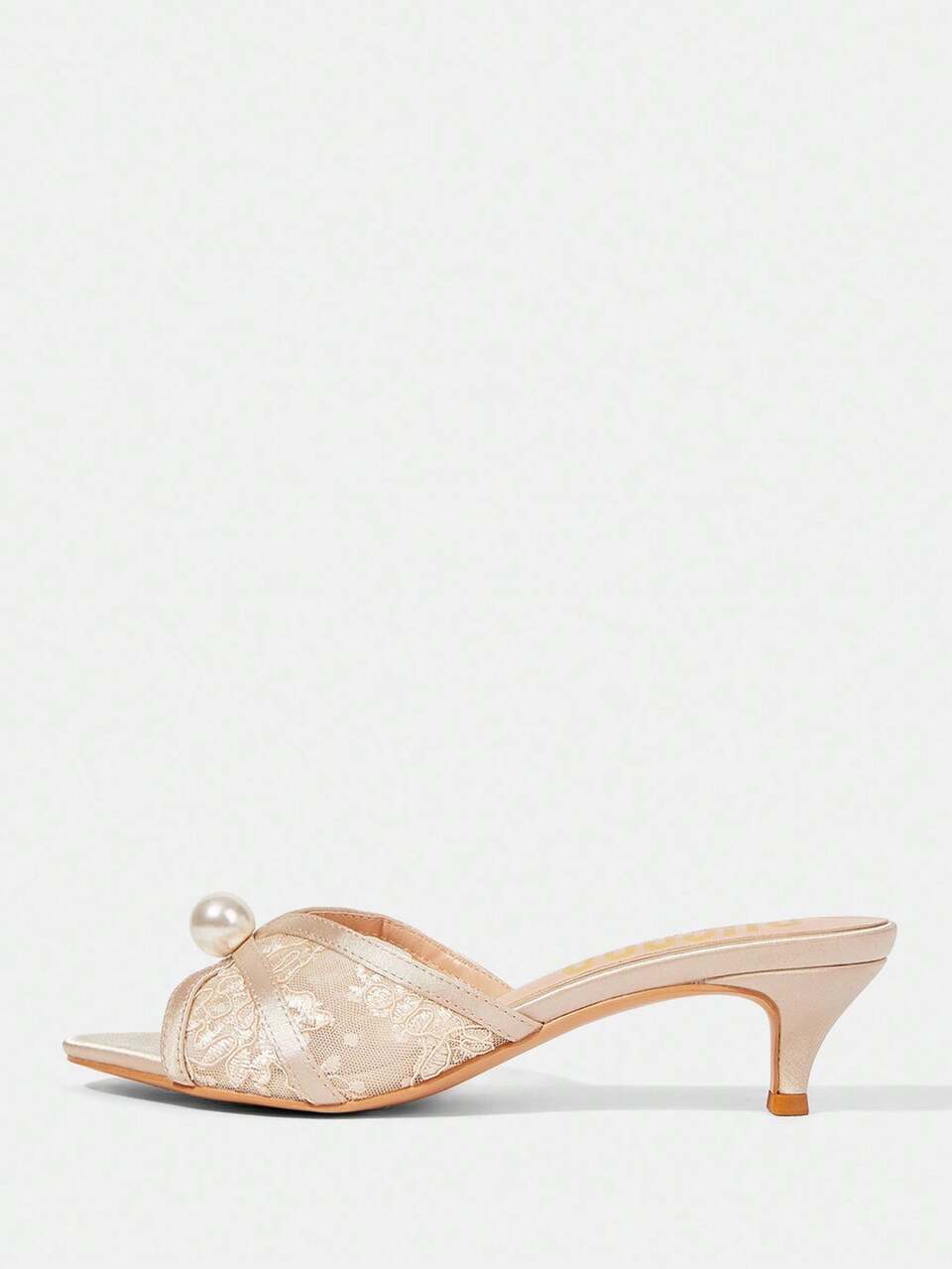 CUCCOO HITCHD Women's Fashion Round Toe Kitten Heel Apricot Lace Mesh Faux Pearl Wedding Party Occasion High Heel Sandals, Elegant Wedding Bride Shoes Summer