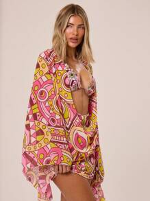 Musera Resort 雪纺网纱长袖深V领罩衫连衣裙 春夏伊比沙岛度假可爱浪漫节日海滩装扮 沙滩嘉年华 - 彩色 - 查看 4