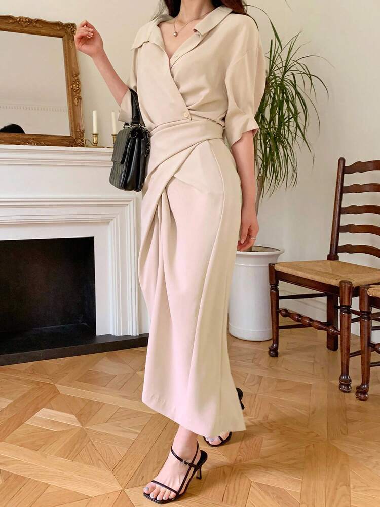 Women's Waist Tie Short Sleeve Mid-Length Shirt Dress Maxi Dress