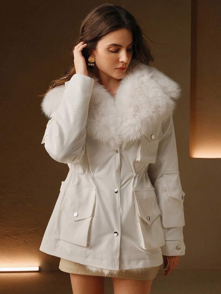 Fur Collar Patchwork Elastic Wrinkle-Resistant Windbreaker Jacket, Suitable For Fall, Autumn, Winter, Elegant, Chic, New Year, Casual